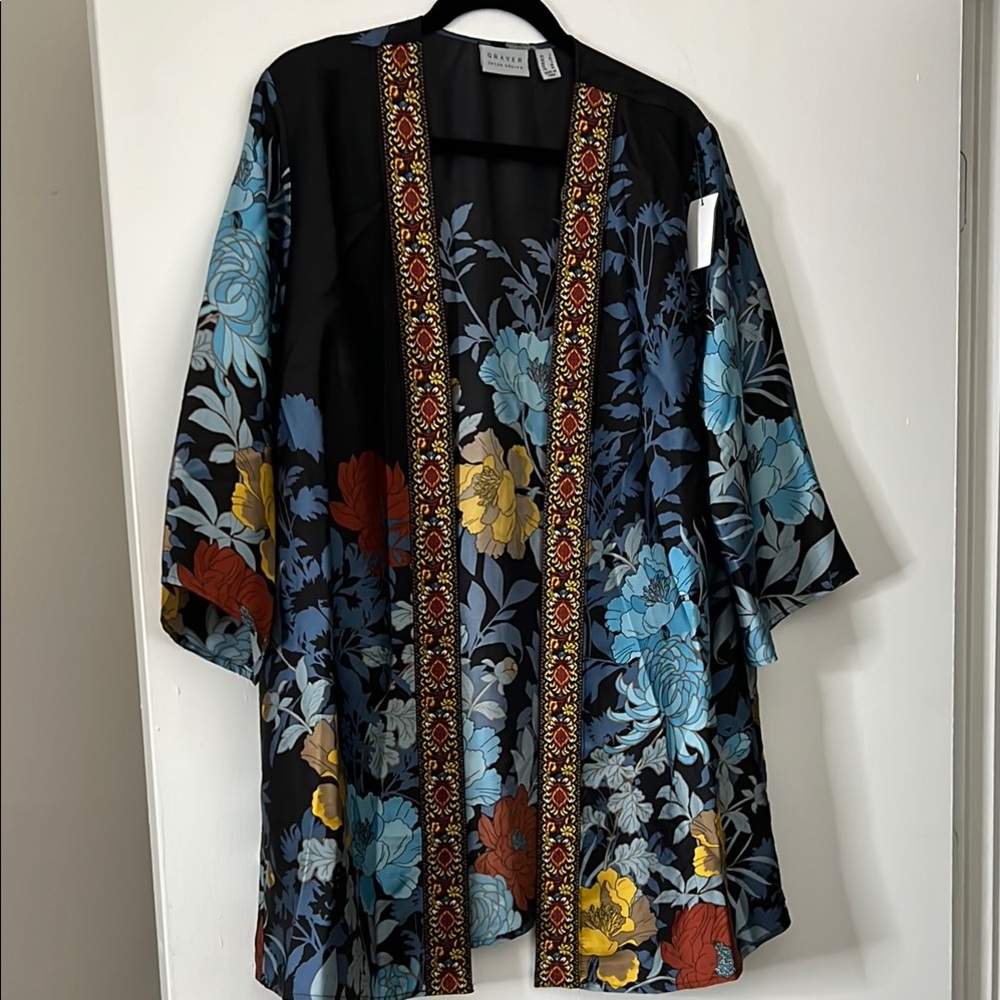 Susan Graver Blue and Black Robe with Artistic Print